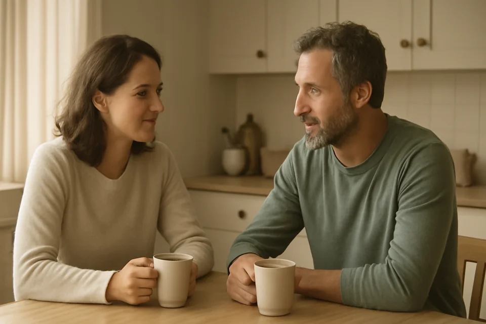 Two adults talking about their sleep arrangements at breakfast