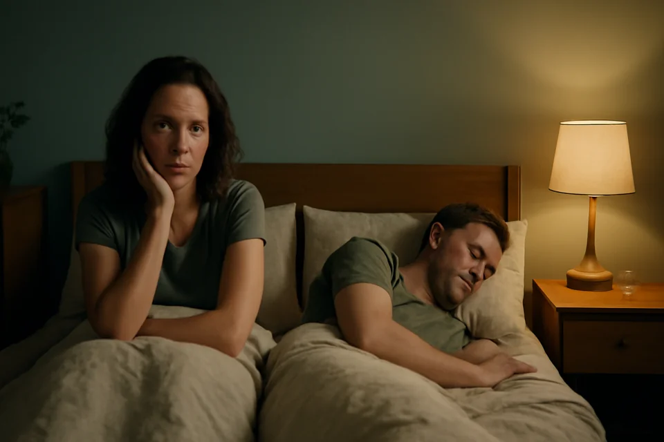 A wakeful adult beside a sleeping partner in a softly lit bedroom