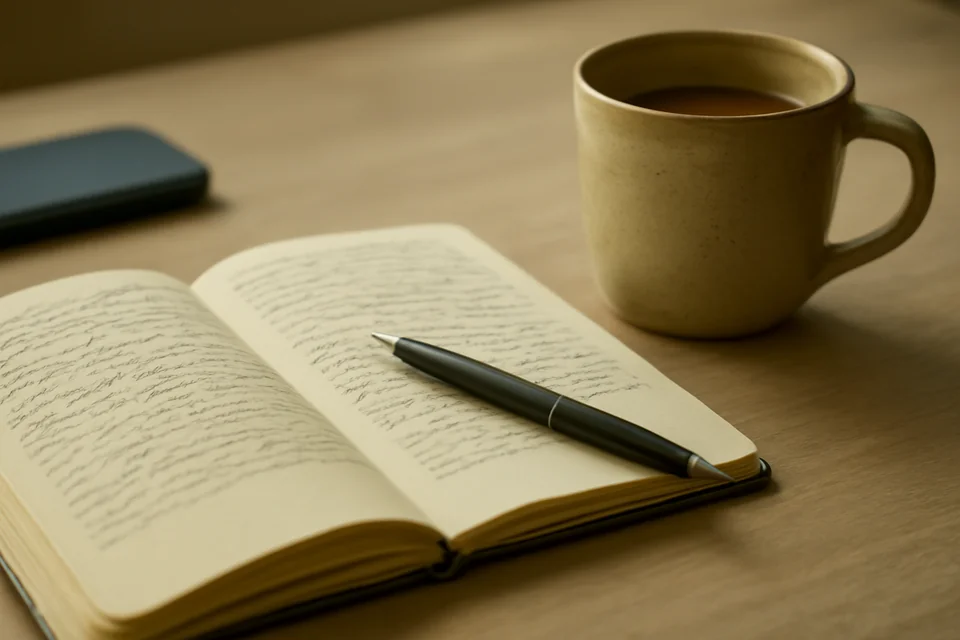 A notebook for brief sleep observations beside a pen and cup