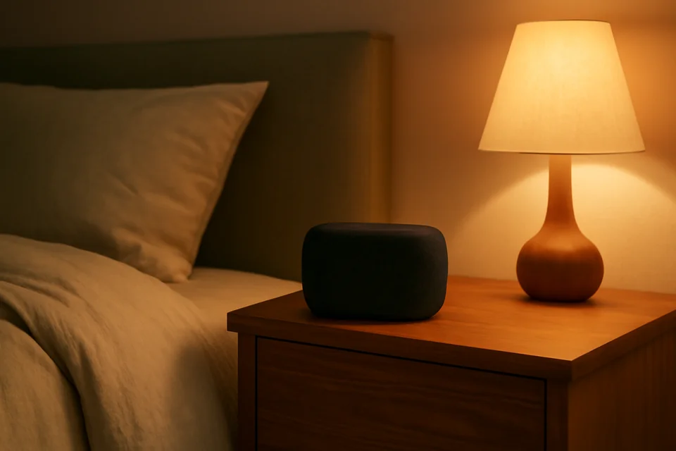 A small sound source on a bedside dresser in a calm bedroom