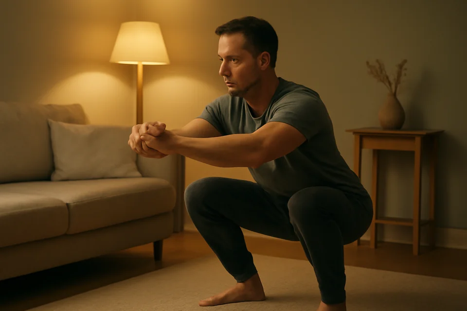 An adult doing a gentle squat beside a sofa in the evening.