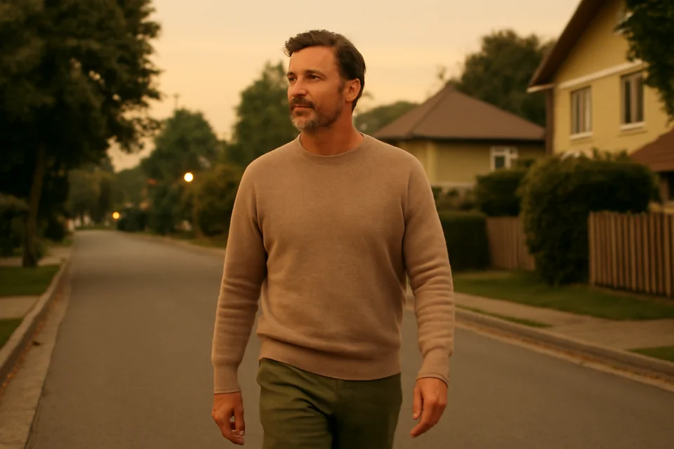 An adult walking along a quiet street in soft evening light.