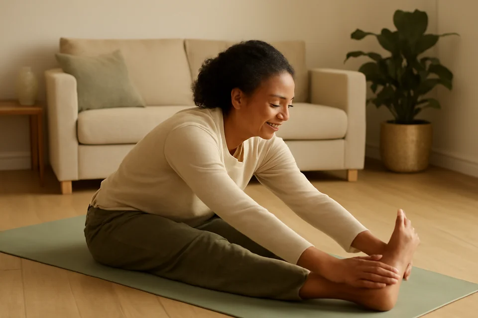 An adult stretching gently on a mat in a quiet living room.
