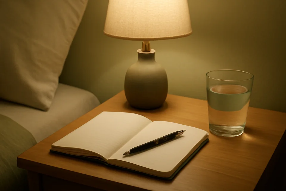 A notebook and pen on a bedside table beside a lamp.