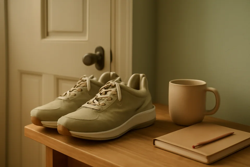 Trainers by the door next to a mug and an open notebook.