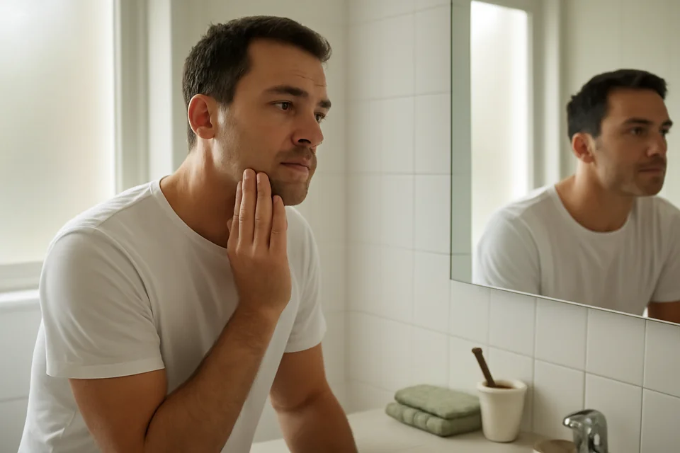 A man in front of a bathroom mirror using two fingers to gently massage the muscle at the side of his jaw.