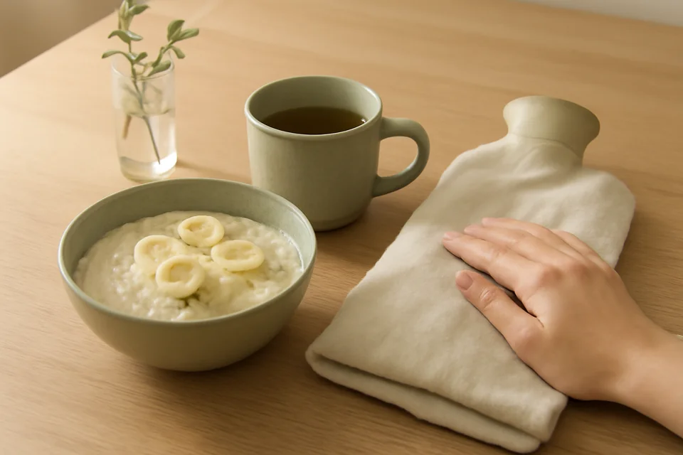 A bowl of porridge and a mug of tea on a kitchen table beside a hot water bottle wrapped in a plain tea towel.