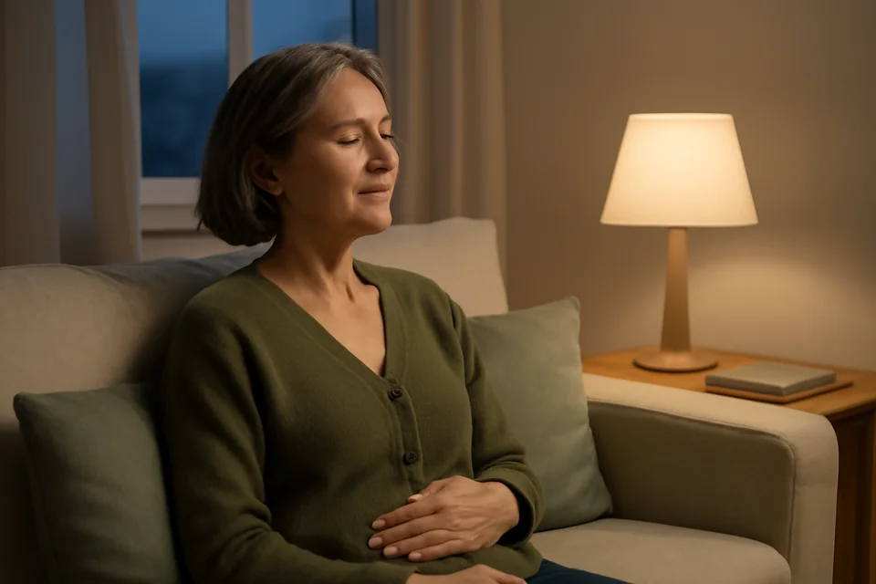A woman sitting upright on a sofa in the evening with her eyes closed, taking a slow, relaxed breath beside a softly lit lamp.