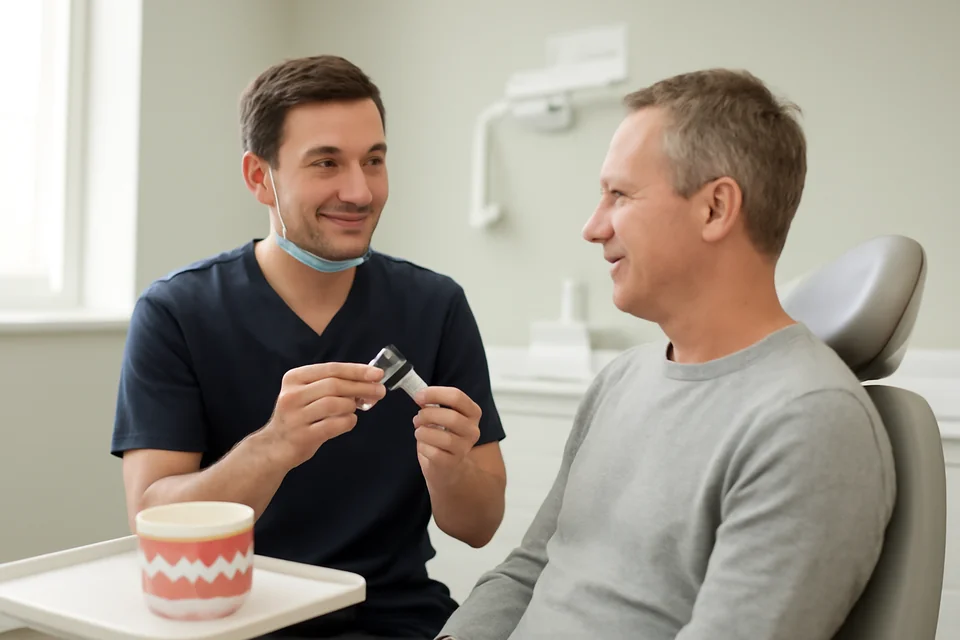 A dentist in a bright, modern surgery holding a clear night guard while talking with a seated patient.