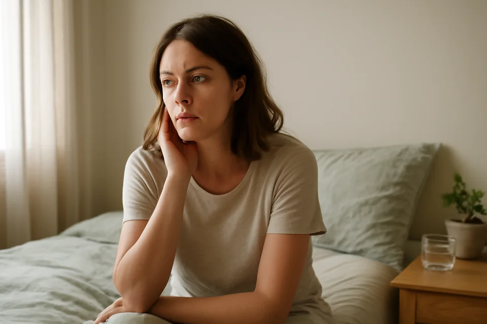 A woman in her thirties sitting on the edge of her bed in soft morning light, gently resting her fingertips against her jaw.