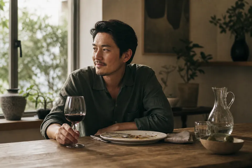 An East Asian man in his 30s finishing an early evening meal with a glass of red wine and a jug of water.