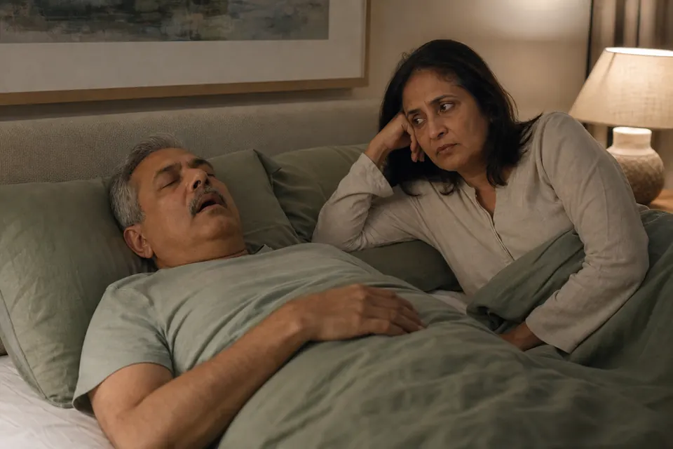 A South Asian man in his 50s snoring on his back while his wife lies awake beside him looking concerned.