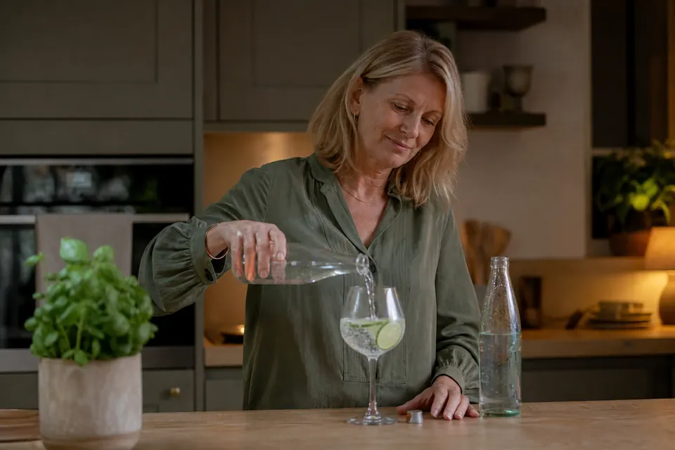A white British woman in her 50s pouring sparkling water into a wine glass with lime in her kitchen in the evening.