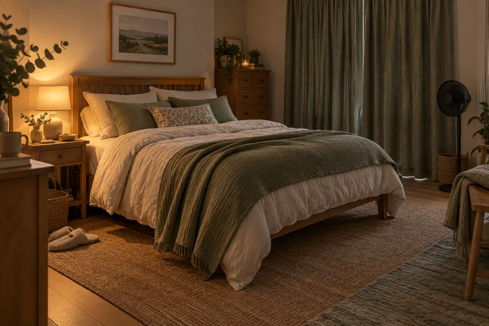 A bedroom with closed curtains, layered bedding and a fan beside the window.