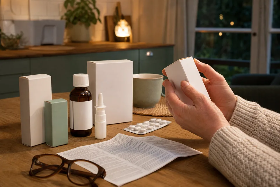 An adult checks unbranded cold-remedy packaging beside a nasal spray and leaflet.