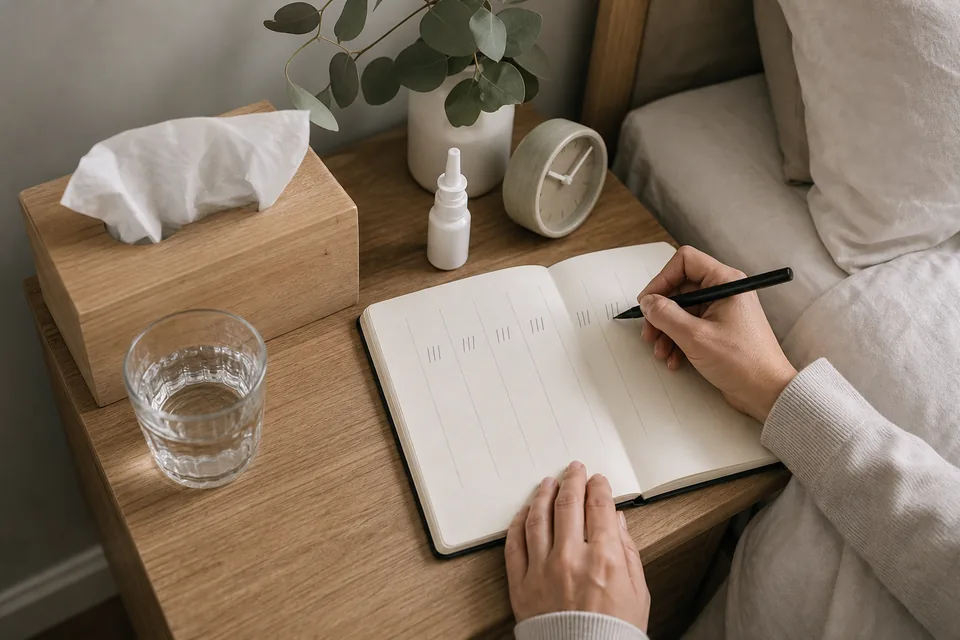 Hands record simple nightly observations in a notebook beside tissues, water and a bedside clock.
