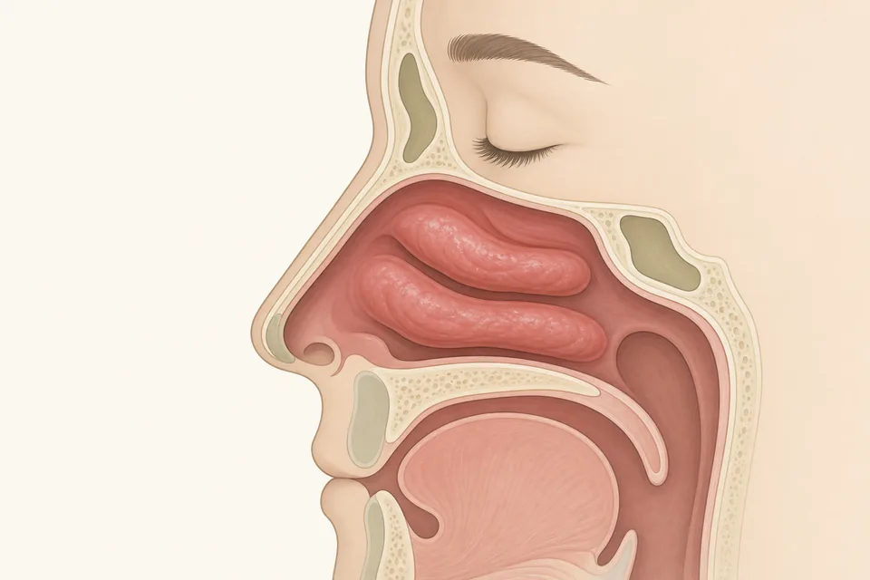 A conceptual cutaway showing swollen tissue narrowing a nasal airway.