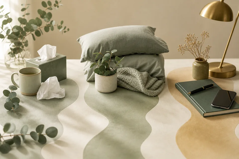 Three still-life groups representing a brief cold, a repeating bedroom trigger and persistent symptoms.