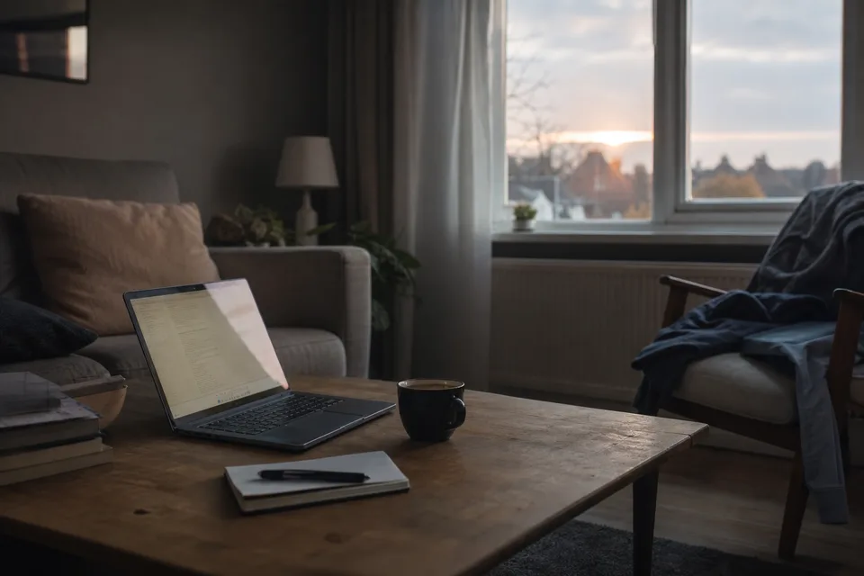 A quiet living room at dawn with a cold coffee and a glowing laptop, none of the drama of a heroic all-nighter.