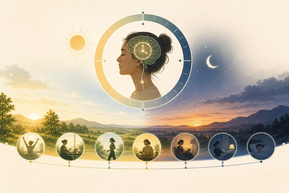 A soft timeline showing daylight fading into dusk, with a small sun and moon around a 24-hour cycle.