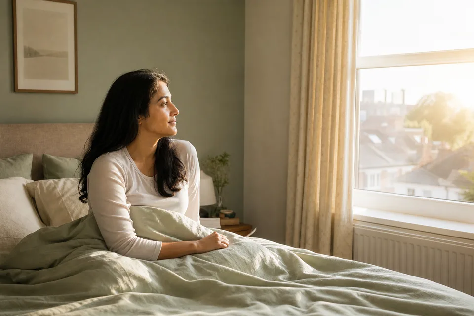 A South Asian woman sitting up in bed in morning daylight coming through the bedroom window.