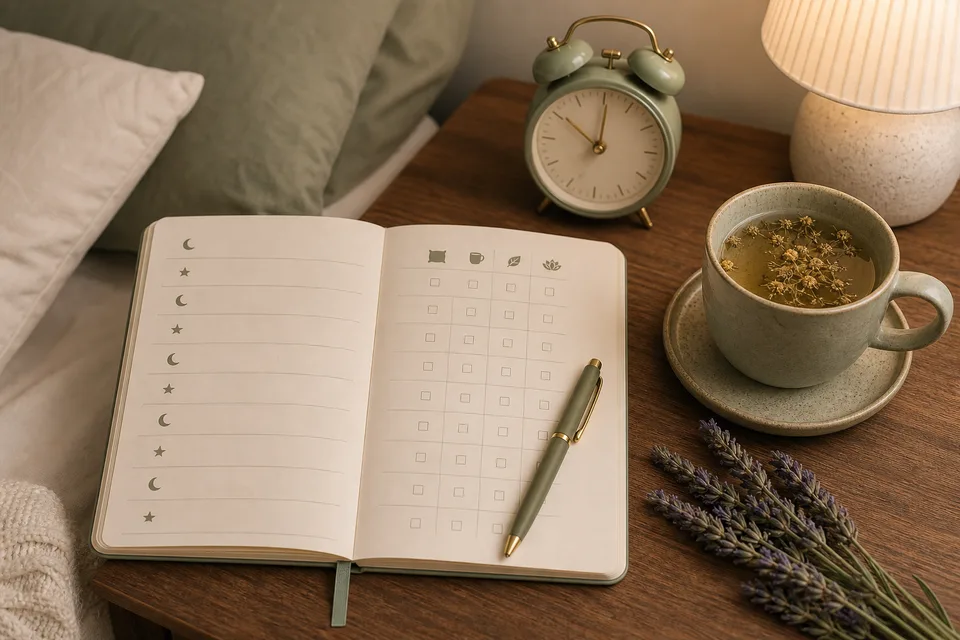A flat-lay of an open journal with tick rows, a pen, an early alarm clock and a cup of herbal tea.