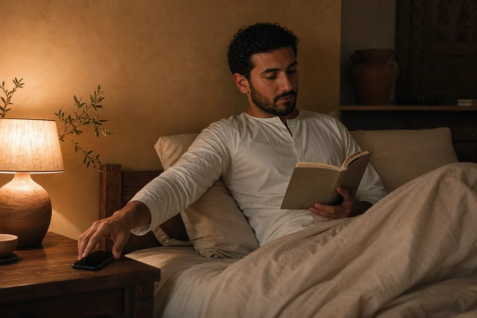 A dim bedroom in the evening, with a Middle Eastern man reading a paper book while a smartphone sits face down.