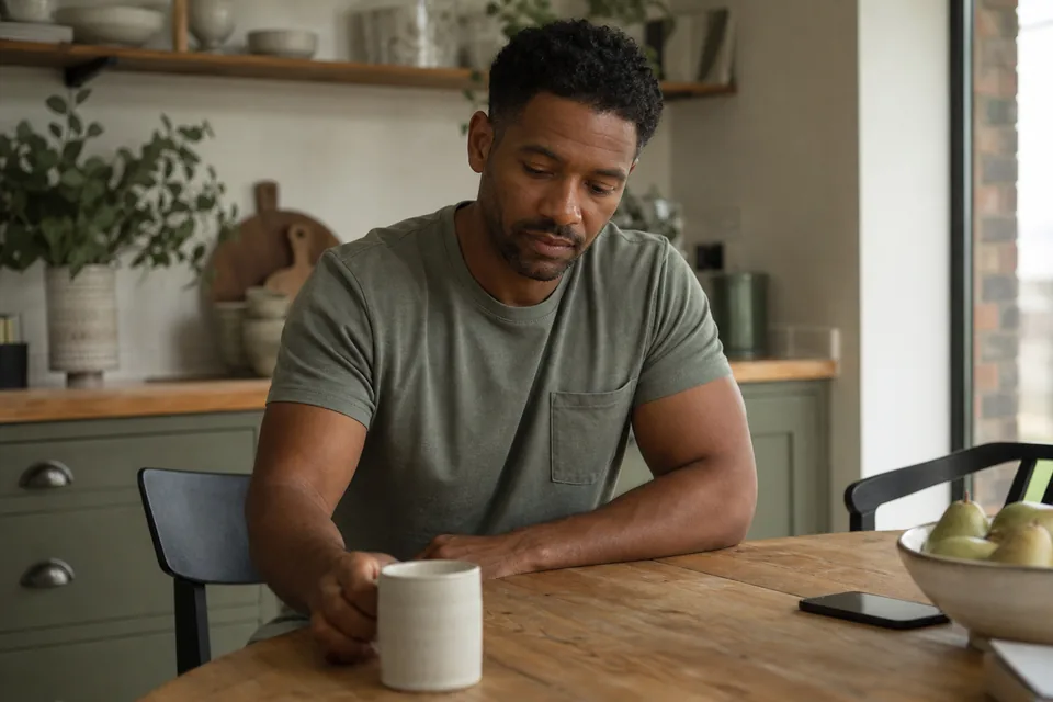 A Black British man setting down a coffee cup at a kitchen table in mid-afternoon daylight.