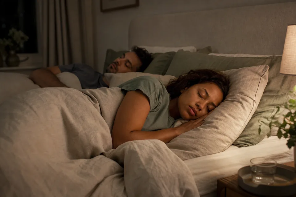 A mixed-race couple sleeping peacefully in a softly lit bedroom.