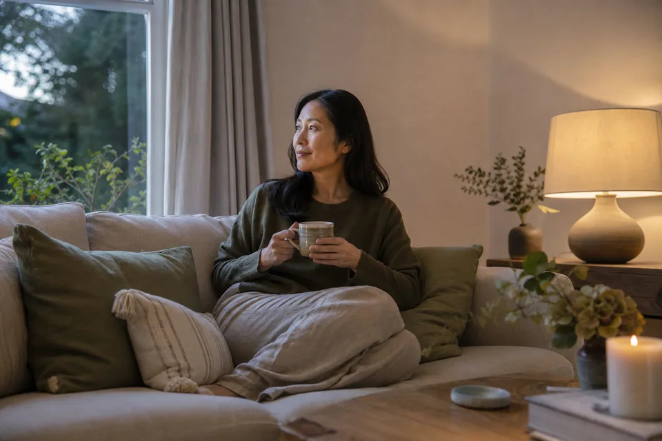 An East Asian woman in her 30s relaxing on a sofa with a mug of herbal tea in the early evening.