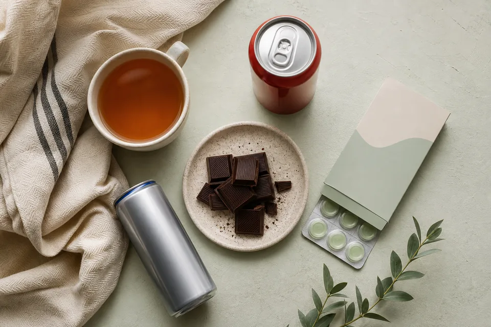 Tea, cola, dark chocolate, an energy drink and an unbranded cold-remedy box arranged on a table.