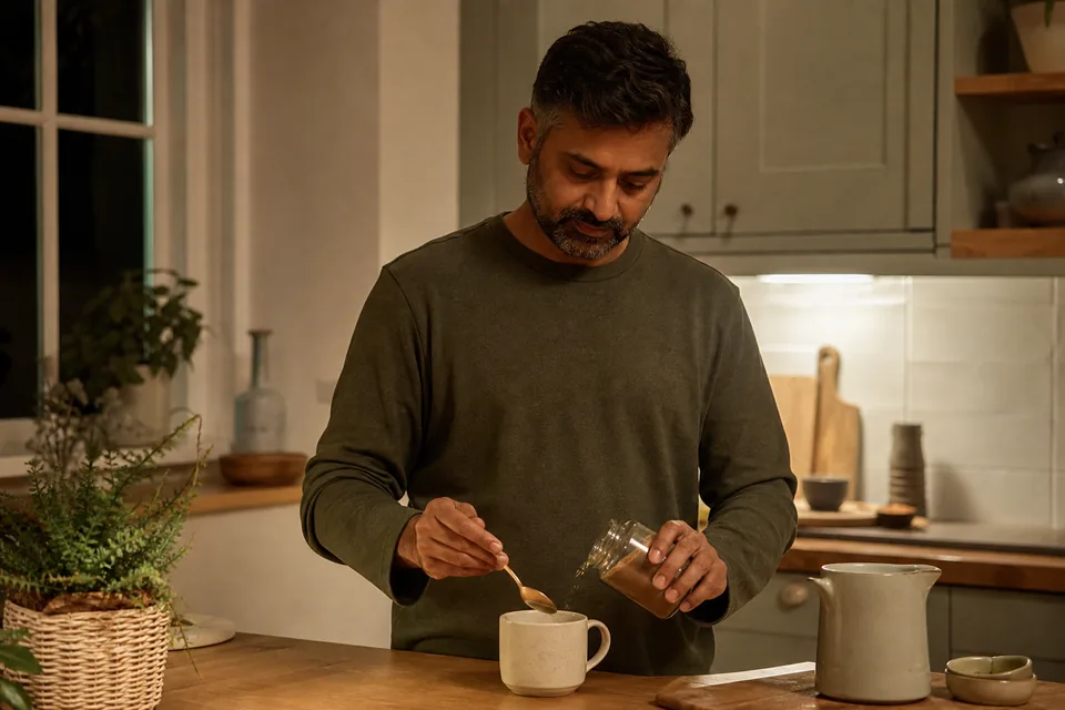 A South Asian man in his 40s making a warm milky drink in a calm kitchen at night.