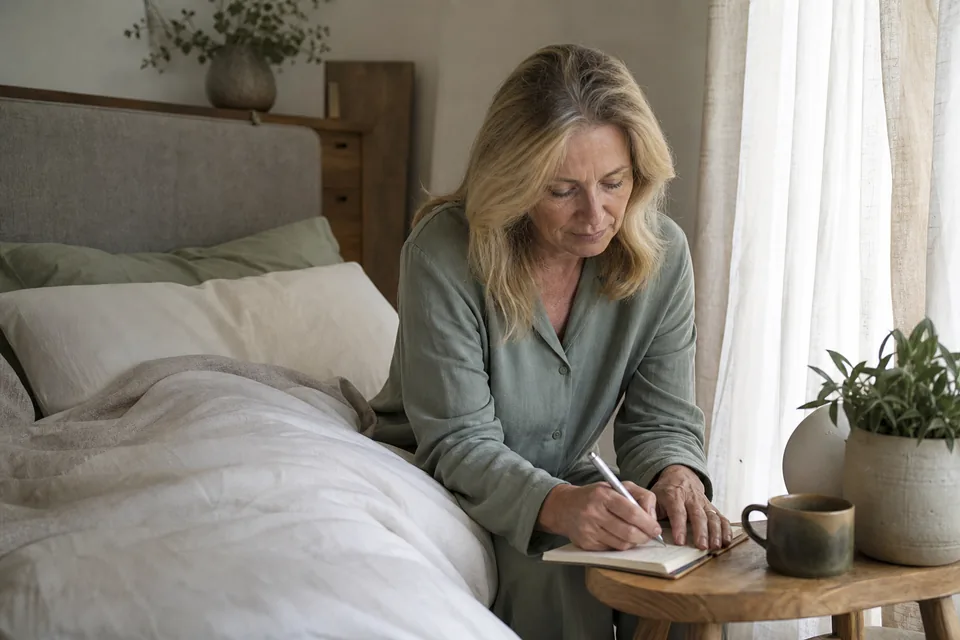 A white woman in her 50s writing a morning sleep note in a small notebook beside her bed.