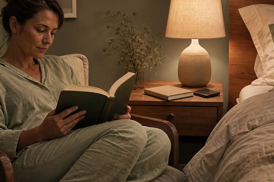 An adult sits in a chair beside the bed, reading quietly under a warm lamp.