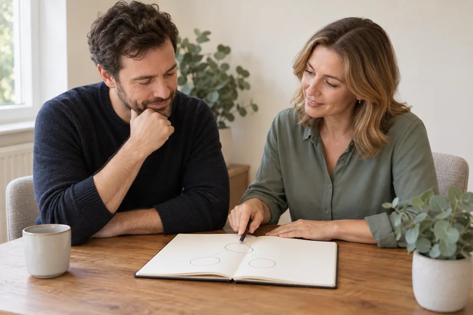 An adult and therapist reviewing a sleep diary together during a consultation.