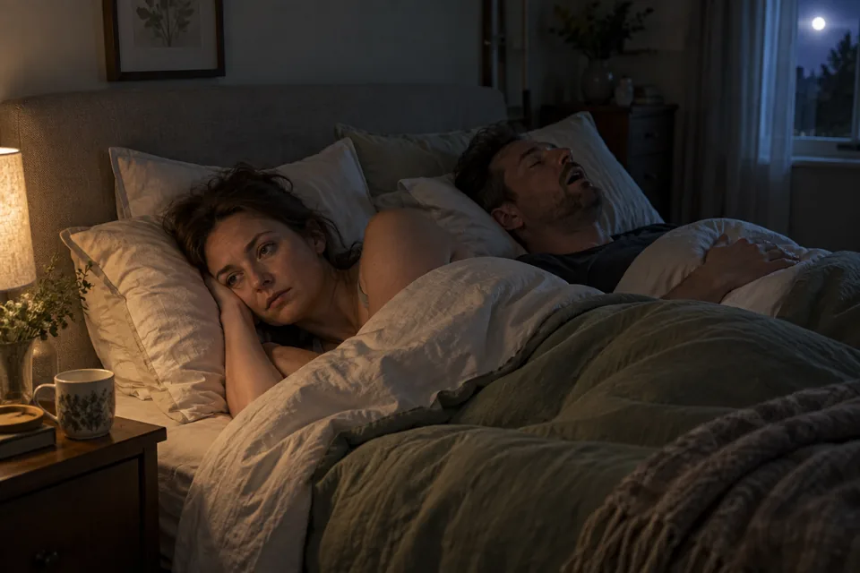 A woman lies awake in bed at night while her partner sleeps on his back beside her with his mouth open.