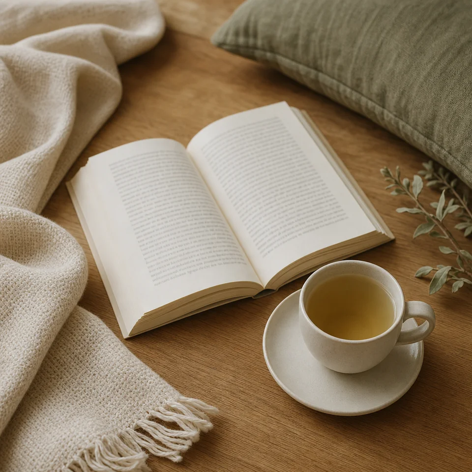 An open book and a cup of herbal tea beside a cream blanket.
