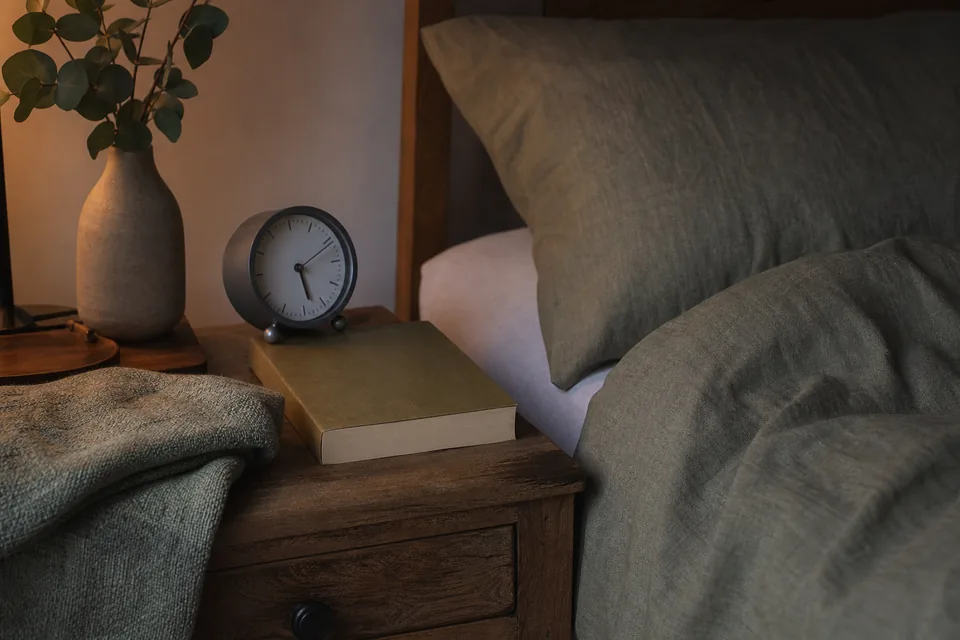 Soft bedding and a pillow are arranged in a calm bedroom.