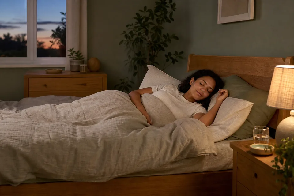 An adult settles into bed in a softly lit bedroom.