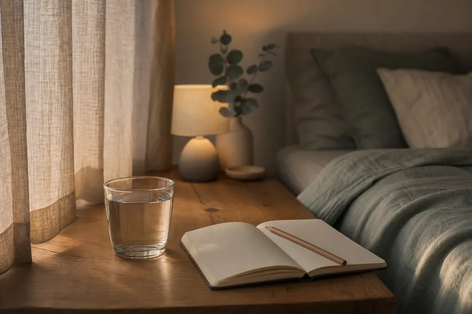 A blank notebook and pencil sit on a bedside table.
