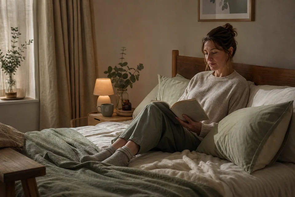An adult reads a book beside a low bedside lamp.