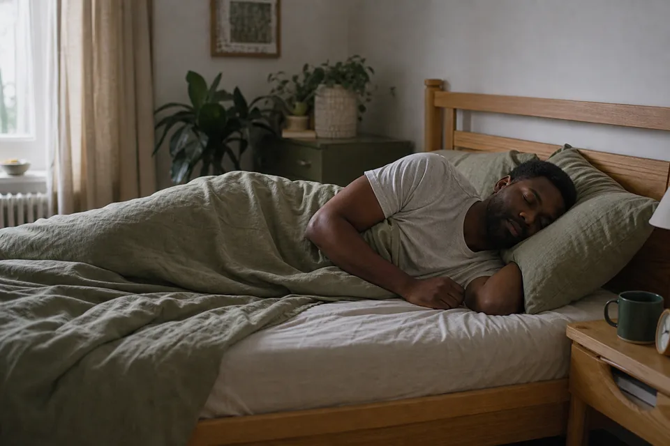 An adult sleeps on their side in a quiet bedroom.