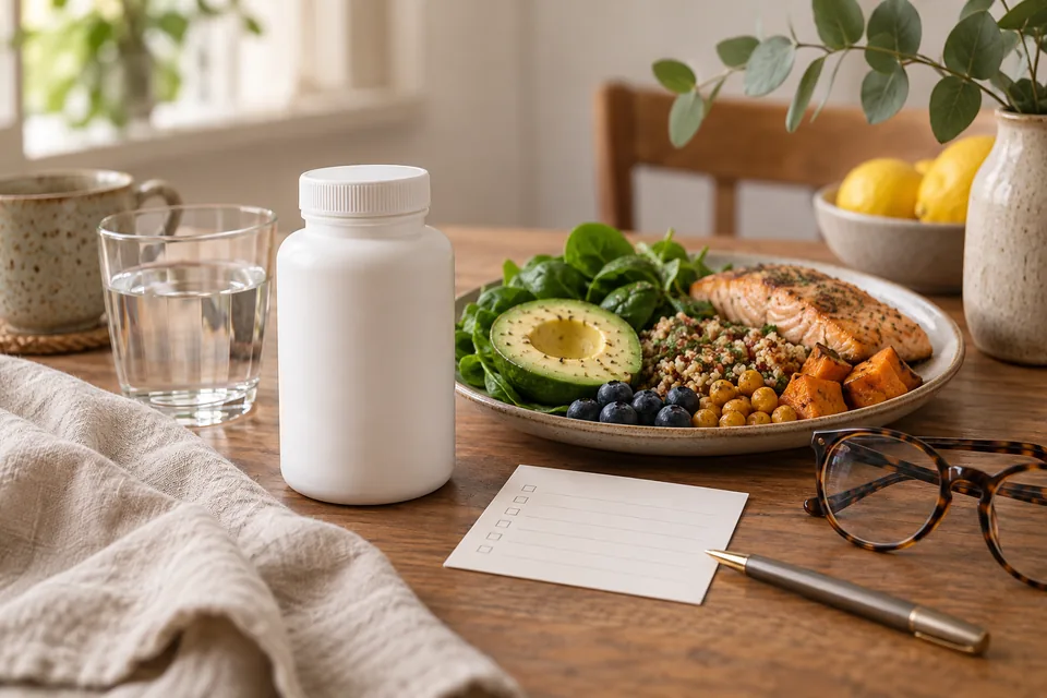 A plain supplement bottle beside ordinary foods, a blank medicine list card and glasses.