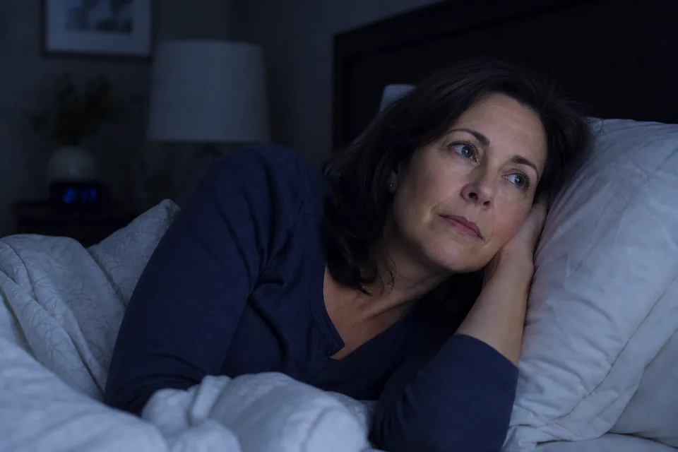 A woman in midlife awake in bed during the night with a calm thoughtful expression.