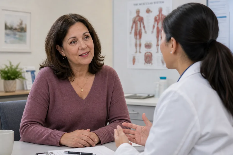 A woman in midlife having a calm conversation with a healthcare professional.