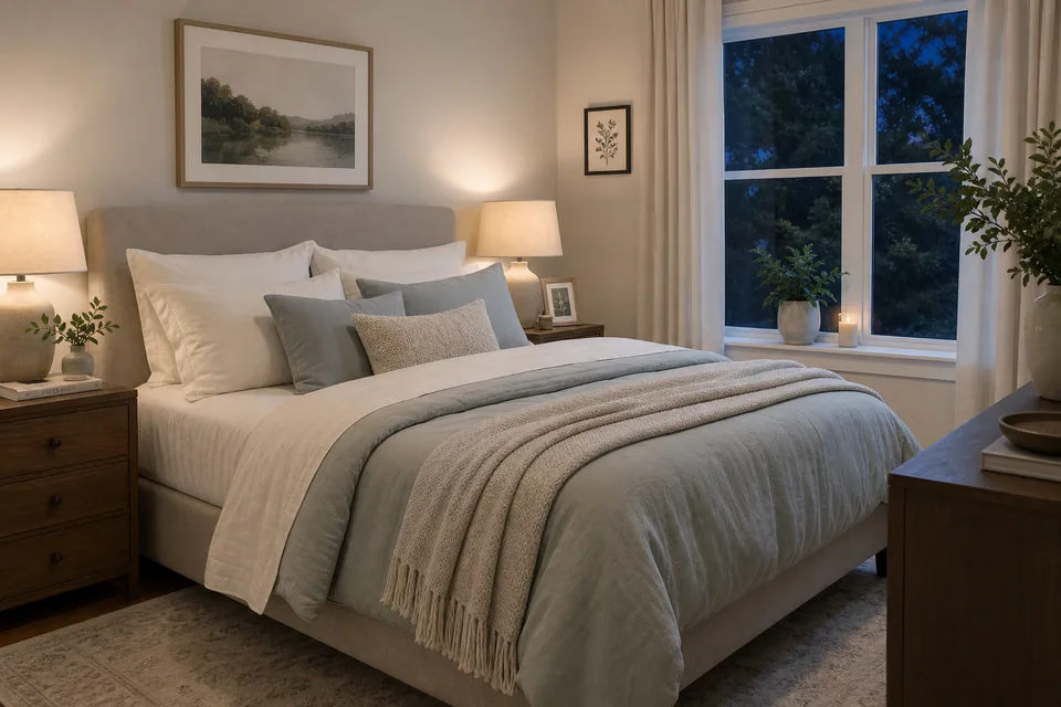 A calm bedroom with light layered bedding prepared for comfortable sleep.
