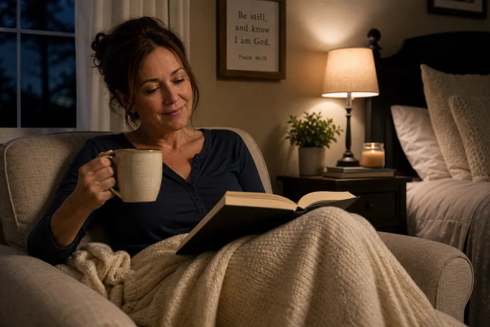 A woman in midlife relaxing quietly in the evening before bed.