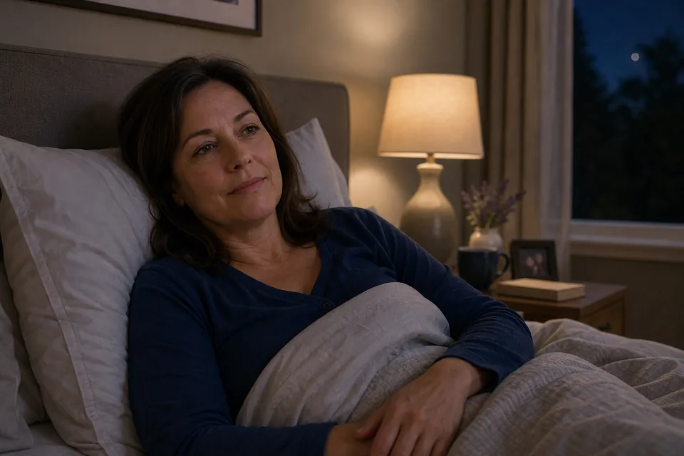 A woman in midlife resting in bed in a calm bedroom at night.