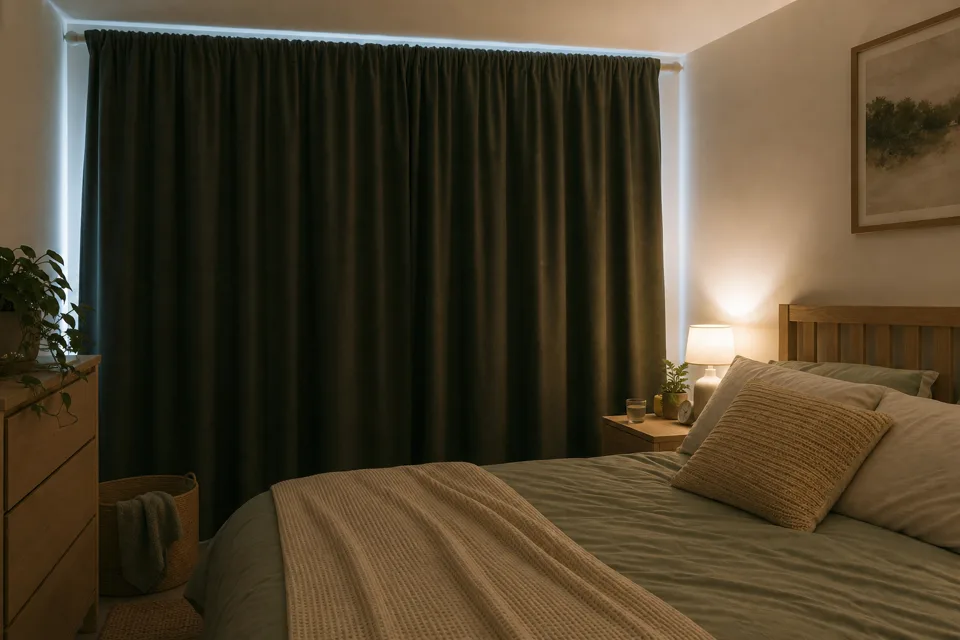 A bedroom prepared for daytime sleep with closed blackout curtains and comfortable bedding.
