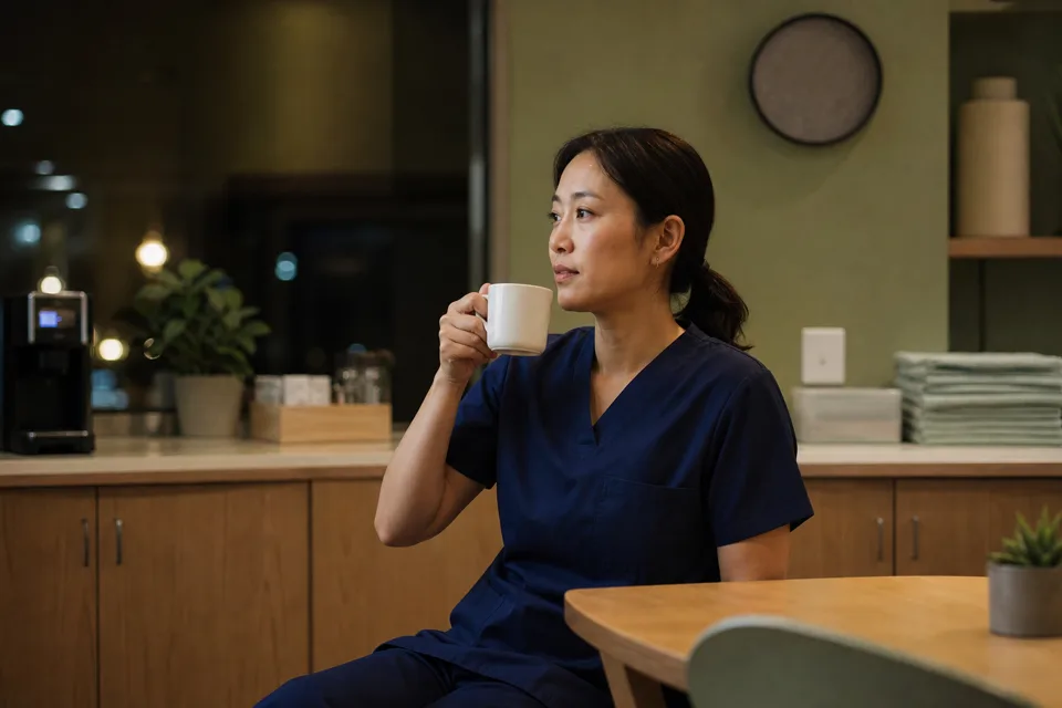 A worker having coffee during a night shift in a workplace break area.
